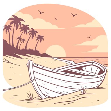 Gün batımında güzel bir sahilde, yıpranmış beyaz bir deniz yavaşça sıcak kumda dinlenir. Yapay zeka üretildi. Vektör simgesi