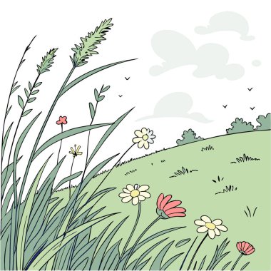 Mavi gökyüzünün altında bulutlu yeşil bir yaz çayırını tasvir eden bir çizgi film. Yapay zeka üretildi. Vektör simgesi