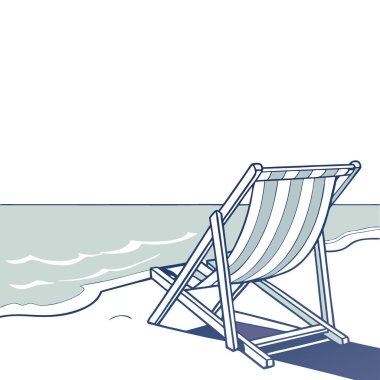 Güzel mavi ahşap plaj sandalyesi, fotokopi uzayı pankartıyla okyanusa bakıyor. Yapay zeka üretildi. Vektör simgesi