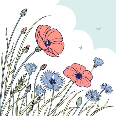 Kıpkırmızı gelincikler mavi mısır çiçekleri yaz esintisi gününde hafifçe sallanıyorlar. Yapay zeka üretildi. Vektör simgesi