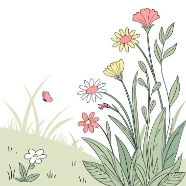 Doğal bir çiçek arkaplanı ve yapay zekanın oluşturduğu küçük, güzel yaz çiçeklerinin olduğu bir yer. Vektör simgesi
