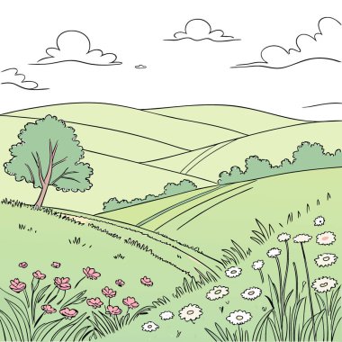 Nova Scotia 'da hafif tepelerin yer aldığı sakin yaz manzarası yumuşak güneş ışığıyla yıkandı. Yapay zeka üretildi. Vektör simgesi