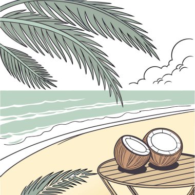 Palmiye yapraklı yaz tatili geçmişi. Okyanus dalgaları. Ve masada olgun hindistan cevizleri. Yapay zeka üretildi. Vektör simgesi