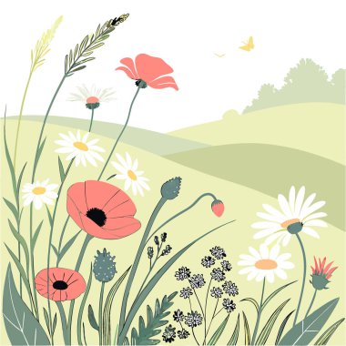 Çiçek açan papatyaları olan canlı yaban çiçeği çayırı. Gelincikler. Yazın diğer çiçekler. Yapay zeka üretildi. Vektör simgesi