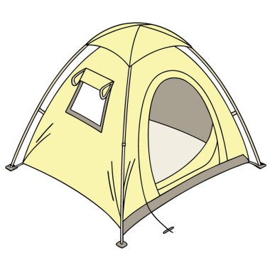 Pencereli sarı kamp çadırı. Beyaz arka planda izole edilmiş. Şeffaf arka plan. Yapay zeka üretildi. Vektör simgesi