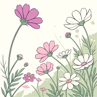 Güzel bir bahar yazı parlak doğal arka plan renkli kozmos çiçekleri yakın yapay zeka üretiyor. Vektör simgesi