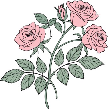 Enfes pembe gül buketi. Çiçeklerin yemyeşil yapraklarla sergilenmesi. Yapay zeka üretildi. Vektör simgesi