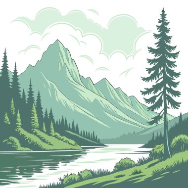 June Serene Dağı Vista Gölü. Yaz Seyahati ve Takvim Tasarımları için ideal arka plan yapay zeka oluşturuldu. Vektör simgesi