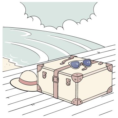 Hasır Şapkalı ve Deniz kıyısındaki tahta güvertede güneş gözlüklü klasik bavul. Yapay zeka üretildi. Vektör simgesi