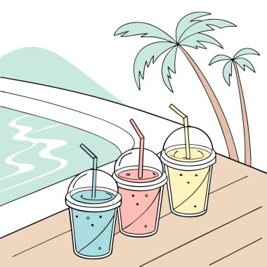 Plastik bardaklarda renkli içecekler, yapay zekanın oluşturduğu yenilenebilir havuzun yanındaki masada pipetlerle dinleniyorlar. Vektör simgesi