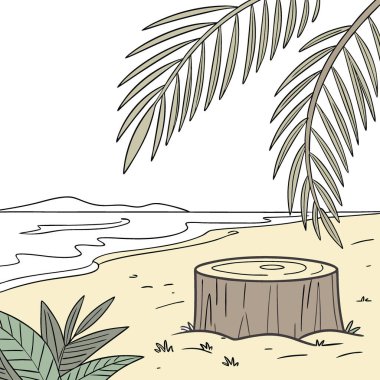 Rüzgarda sallanan palmiye yapraklarıyla sakin bir plaja yerleştirilmiş dallardan oluşan bir podyum. Yapay zeka üretildi. Vektör simgesi