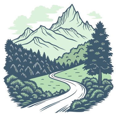 Kentucky Doğa Manzarası. Orman ve Majestic Dağları 'ndan geçen dolambaçlı bir yol. Yapay zeka üretildi. Vektör simgesi