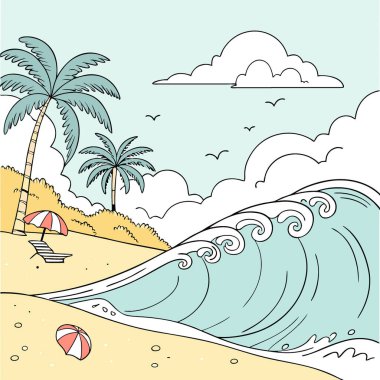 June Summer sahnesi dalgaları vuruyor güneşli bir gün Güzel deniz manzarası parlak mavi gökyüzü. Yapay zeka üretildi. Vektör simgesi