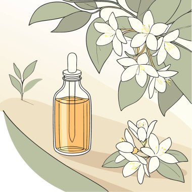 Şık Cam Şişede Güneş Işığı Altında Taze Çiçeklerle Şatafatlı Yasemin Esansı. Yapay zeka üretildi. Vektör simgesi