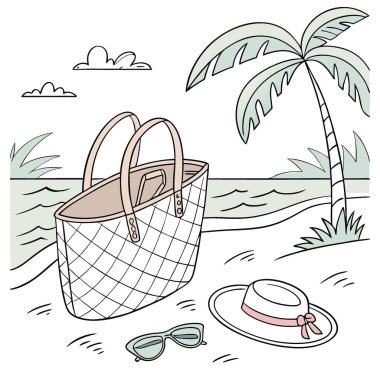 Rattan plaj çantası ve güneş gözlüğü. Parmak arası terlikler. Ve yaz mevsiminde deniz kenarındaki kumda güneş şapkası. Yapay zeka üretildi. Vektör simgesi