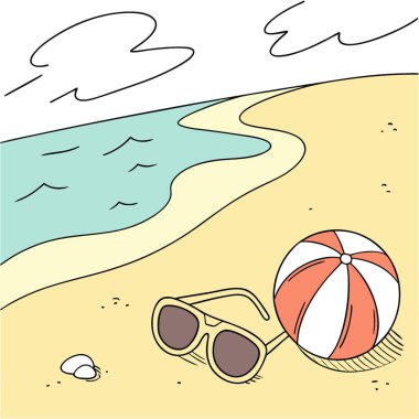 Güneşli bir günde kumlu sahilde, renkli topları ve okyanus arka planıyla dinlenen güneş gözlükleri. Yapay zeka üretildi. Vektör simgesi