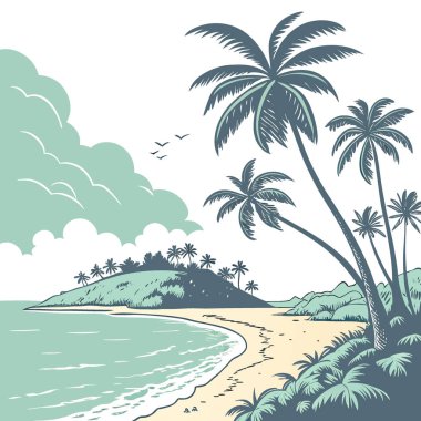 Haziran. Sandy Beach 'in yaz dönemi geçmişi. Okyanus. Gökyüzü. ve bulutlar. Tropik ada cenneti yapay zeka üretti. Vektör simgesi