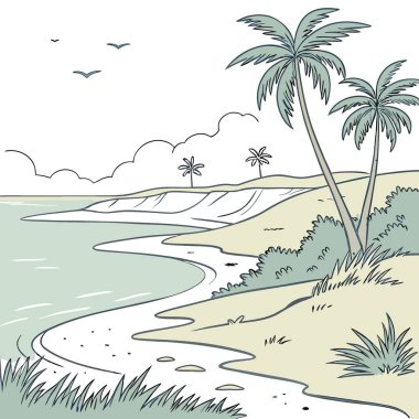 Haziran ayındaki Sarı Deniz sakin kumlu plajlar rüzgarda sallanan palmiye ağaçları. Yapay zeka üretildi. Vektör simgesi