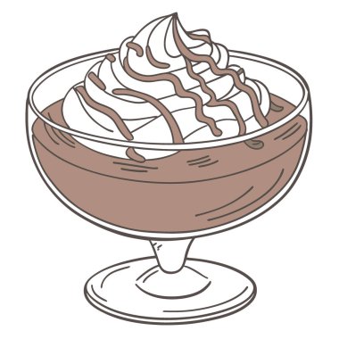 Çikolatalı puding, krem şantili ve çikolata aromalı cam kupalı resim. Yapay zeka üretildi. Vektör simgesi