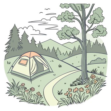 Çayırın ortasında turist çadırı olan bir orman kampı. Yapay zeka üretildi. Vektör simgesi
