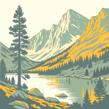 Sierra Nevada Dağları yakınlarındaki Parker Gölü 'nün Haziran Gölü büyüleyici manzarası. Yapay zeka üretildi. Vektör simgesi