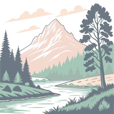 Dağ çizimi düz sanat tasarımı kartpostalı. Sakin bir nehrin üzerinde yumuşak renkli bir günde yapay zeka üretildi. Vektör simgesi