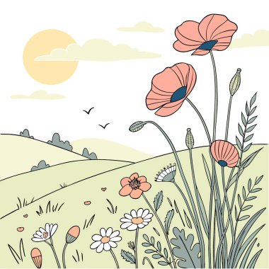 Güneşli çayır gelincikleri canlı kır çiçekleri açıyor yaz günü cennet gibi arka plan manzarası. Yapay zeka üretildi. Vektör simgesi