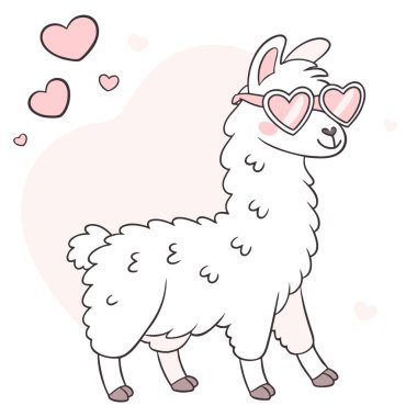 Pembe kalp gözlüklü sevimli beyaz alpaka. Pembe arka planda sevimli bir hayvan. Yapay zeka üretildi. Vektör simgesi