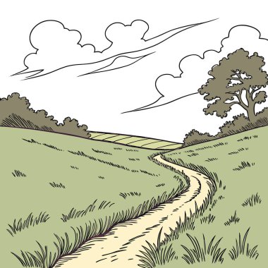 Dar bir toprak yol, uzaktaki mavi gökyüzü ve ağaçlarla yeşil çimenli bir tarlaya çıkıyor. Yapay zeka üretildi. Vektör simgesi