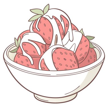 Kremalı süt veya peynir sosuna bulanmış bir kase çilek ve kremalı lezzetli çilek. Yapay zeka üretildi. Vektör simgesi