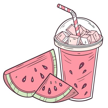 Canlı pembe karpuz smoothie yakın çekim. Donmuş parçalar ve taze dilimler. Yaz içeceği. Soğumuş. Yapay zeka üretildi. Vektör simgesi