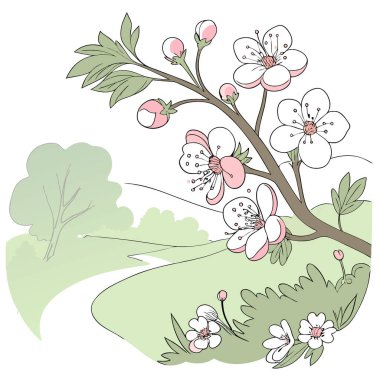 Haziranda açan narin pembe dikenli çiçekler doğanın güzelliğini ve mevsimsel gelişimini vurguluyor. Yapay zeka üretildi. Vektör simgesi