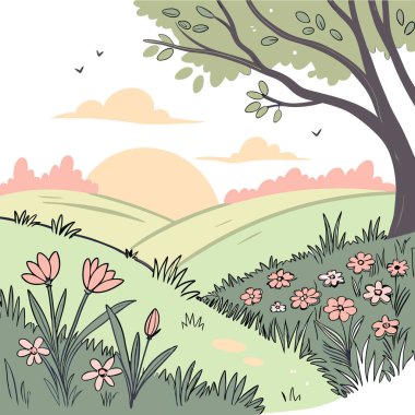 Huzurlu Günbatımı Bahçe Peyzajı yemyeşil çimen renkli çiçekler çiçek açan huzur veren doğa. Yapay zeka üretildi. Vektör simgesi