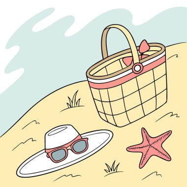 Plaj tatili, hasır şapkalı güneş gözlüklü güneş gözlüklü güneşli plaj hasır sepetli yaz titreşimleri gerektirir. Yapay zeka üretildi. Vektör simgesi