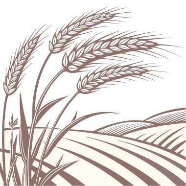 Buğday saplarını ve başları kahverengi ve bej tonlarda desenli arka planda yapay zeka tarafından üretilen bir alanda kapatın. Vektör simgesi