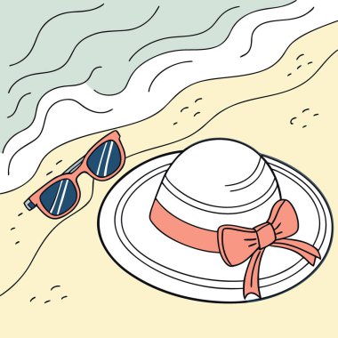 Kapalı kapılar ardında dalgalar olan kumlu sahilde duran şık yaz şapkası ve güneş gözlüklerinin fotoğrafını çek. Yapay zeka üretildi. Vektör simgesi