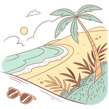 Sıcak kumda güneş gözlüğü ve önümüzde turkuaz okyanus olan yaz plajı sahnesi. Yapay zeka üretildi. Vektör simgesi