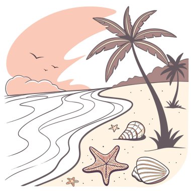 Deniz kabukları ve Denizyıldızı, Günbatımında Nazik Dalgalarla Tropikal Kaçış 'ta Kucaklaşır ve... Yapay zeka üretildi. Vektör simgesi