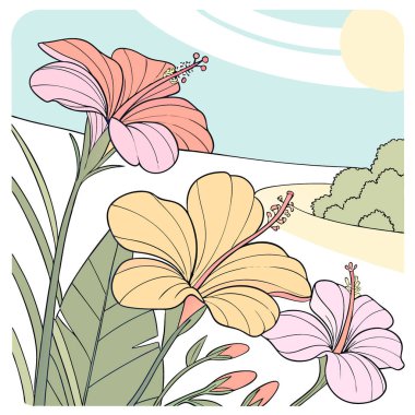 Yazın renkli, canlı plaj güneşli mavi gökyüzü yatay bulanık arka planda tropikal çiçekler. Yapay zeka üretildi. Vektör simgesi