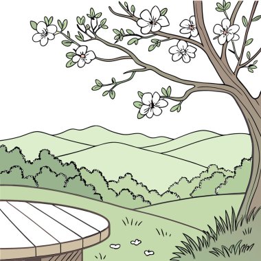 Arkaplanda yeşil bir vadi ve dağ manzarası olan boş ahşap bir masa. Yapay zeka üretildi. Vektör simgesi