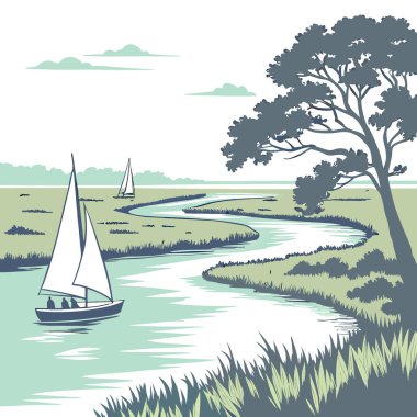 Charleston 'daki Lowcountry Marsh Manzarası. Güney Carolina. Mavi gelgit Cooper Nehri 'ni geçen yelkenliler. Yapay zeka üretildi. Vektör simgesi