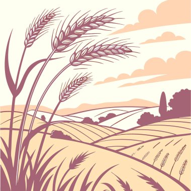 Günbatımında altın buğday tarlası güzel yaz manzarası gökyüzü kulak çiftliği yiyecek kulakları olgun, sıcak ve zengin. Yapay zeka üretildi. Vektör simgesi