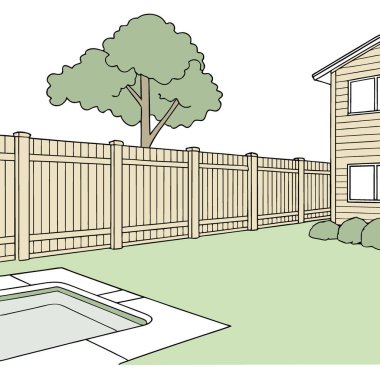 Ahşap çitleri ve açık havada yüzme havuzu olan modern bir çimen bahçesi yapay zeka ürünü. Vektör simgesi