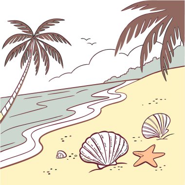 Kumsaldaki deniz kabukları yaz okyanusu güneşli gün ışığı gökyüzü mavi altın manzaralı kıyı suyu. Yapay zeka üretildi. Vektör simgesi