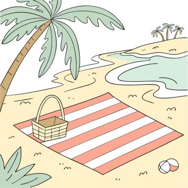 Striped Beach Mat Islak Kum Yatağı Açık Hava Gevşeme ve Eğlence Faaliyetleri için idealdir. Yapay zeka üretildi. Vektör simgesi
