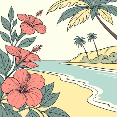 Canlı Hibiscus, Sandy Sahili 'nin ortasında açıyor Mavi Okyanus Tatili Maui Hawaii' den kaçıyor. Yapay zeka üretildi. Vektör simgesi