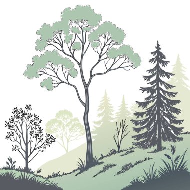 Çeşitli ağaçların ve çalıların suluboya resimleri yapay zekanın ürettiği farklı şekil ve boyutları gösteriyor. Vektör simgesi