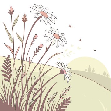 Yumuşak güneş ışığıyla yıkanmış kır çiçeklerinin arasında narin beyaz papatyalar. Sakin bir yaz manzarası. Yapay zeka üretildi. Vektör simgesi