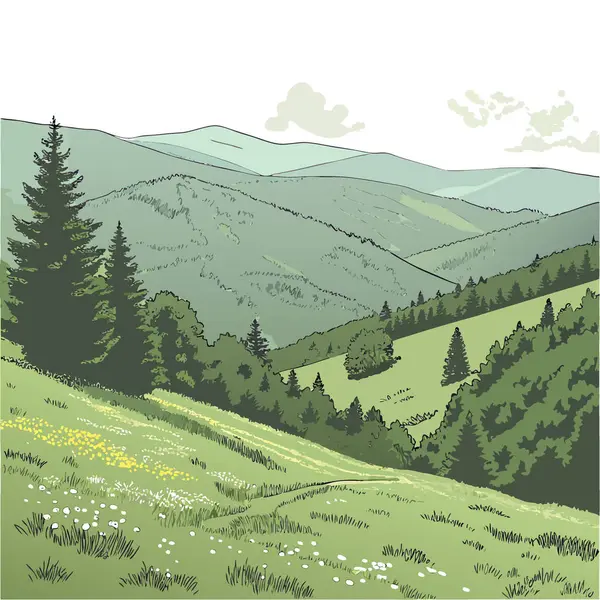 Dağları olan güzel, canlı yeşil bir manzara. Çim alanı ve bulutlar yapay zeka oluşturdu. Vektör simgesi