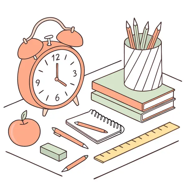 Okula geri dön. Turuncu Alarm Saati. Elma. ve okul gereçleri masanın üstünde. Yapay zeka üretildi. Vektör simgesi